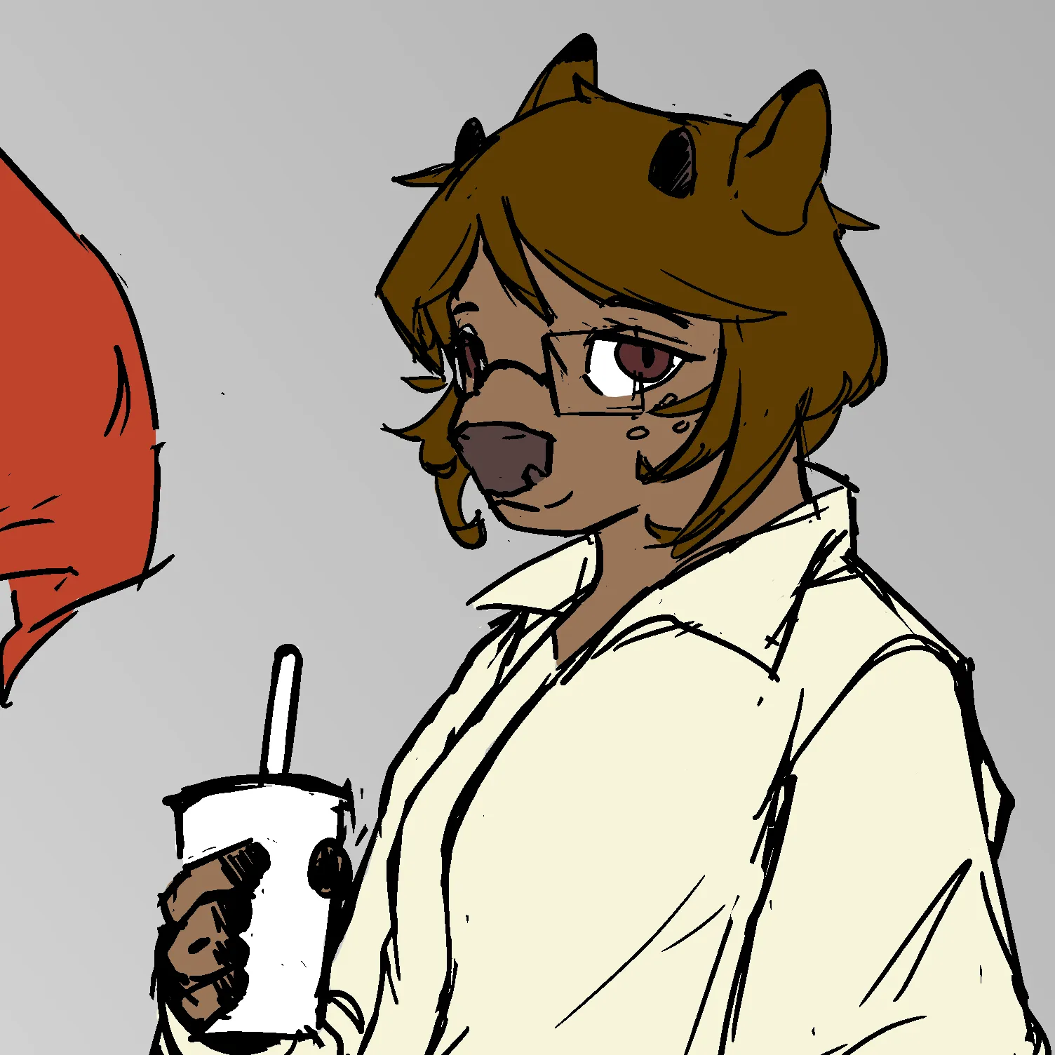 Image of a deer fursona in glasses and a white shirt. She has short, black horns.